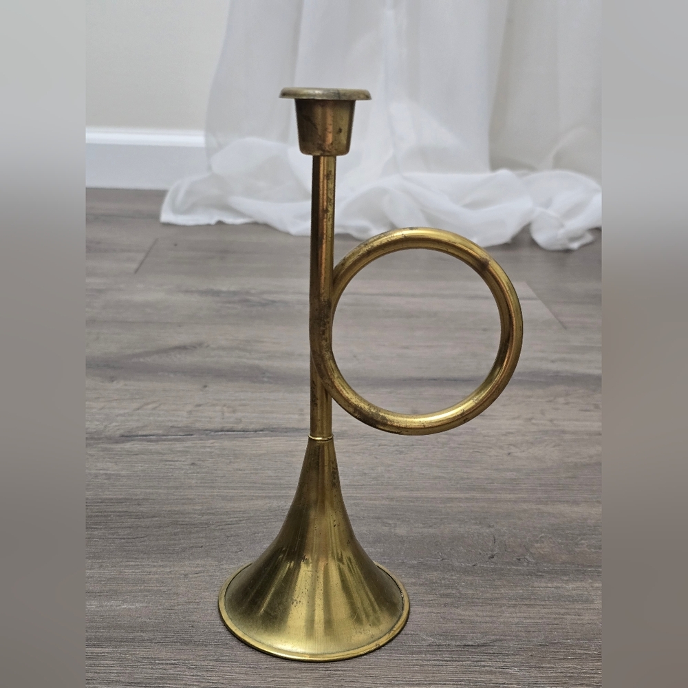Brass Vtg Bugle Horn Candlestick Holder Decor Cottage Classic